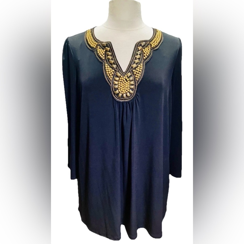 NEW W/ TAGS Rafaella 3/4 Sleeve Black Soft Stretchy Tunic Beaded Appliqué W Sz L